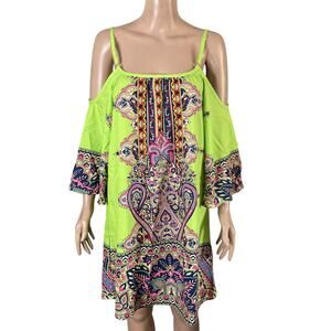 Kimono Tunic Boho Mini Dress Womens Large Cold Shoulder Lightweight